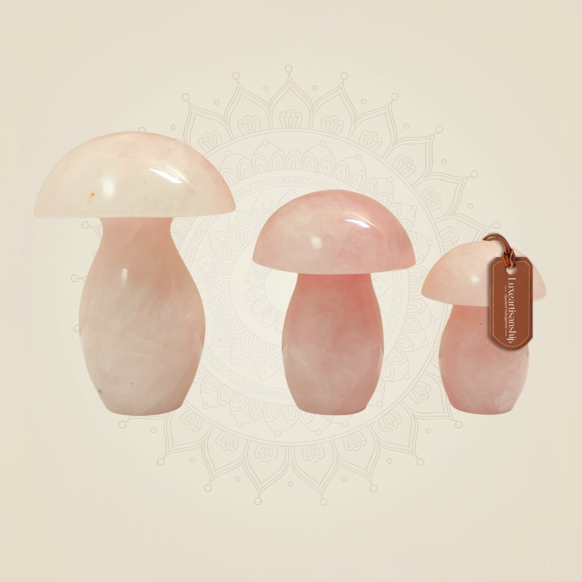 Handcrafted Natural Rose Quartz Mushroom Set of 3 for Home Decor, Healing & Gifting - Luxeartisanship