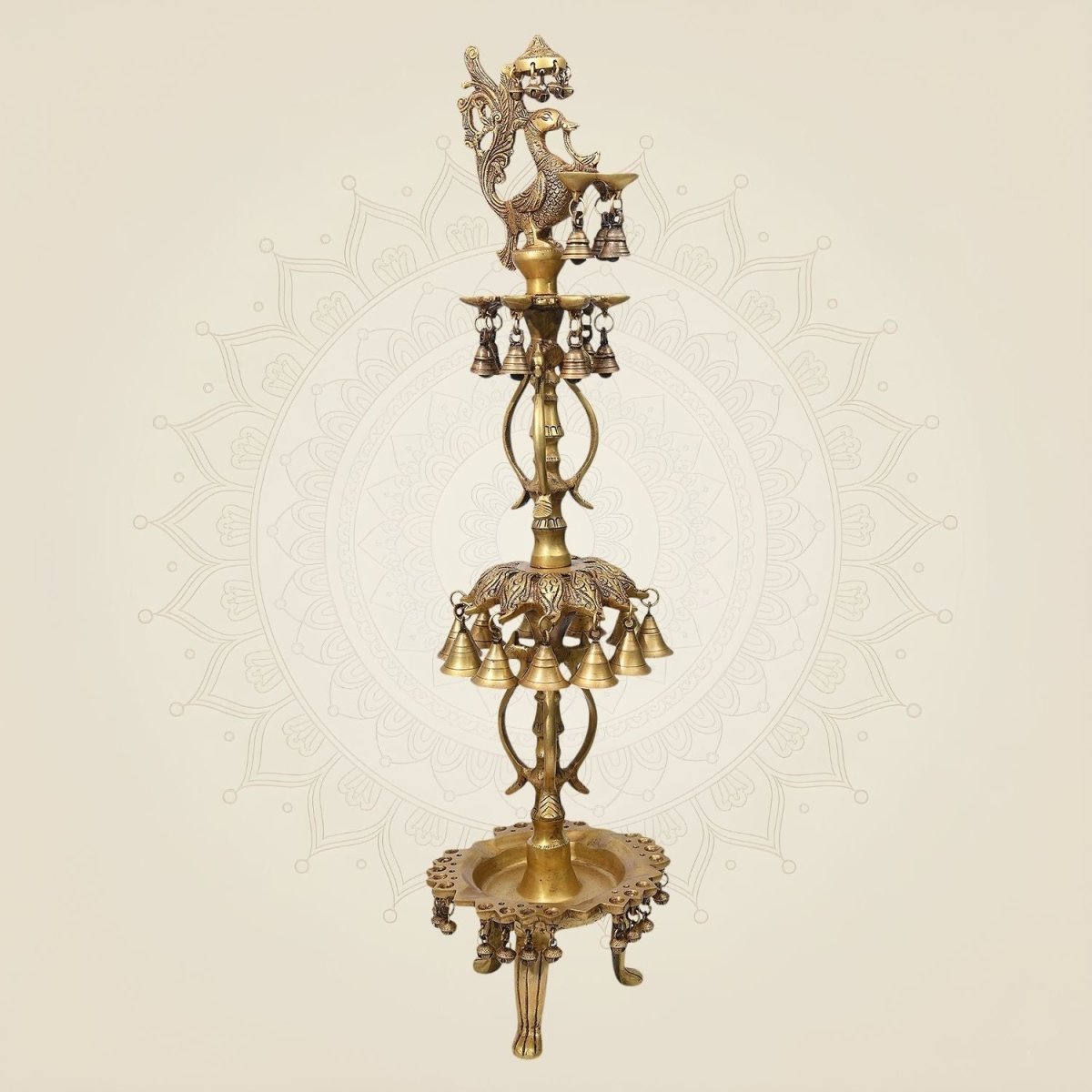 Brass Peacock Diya with Hanging Bells