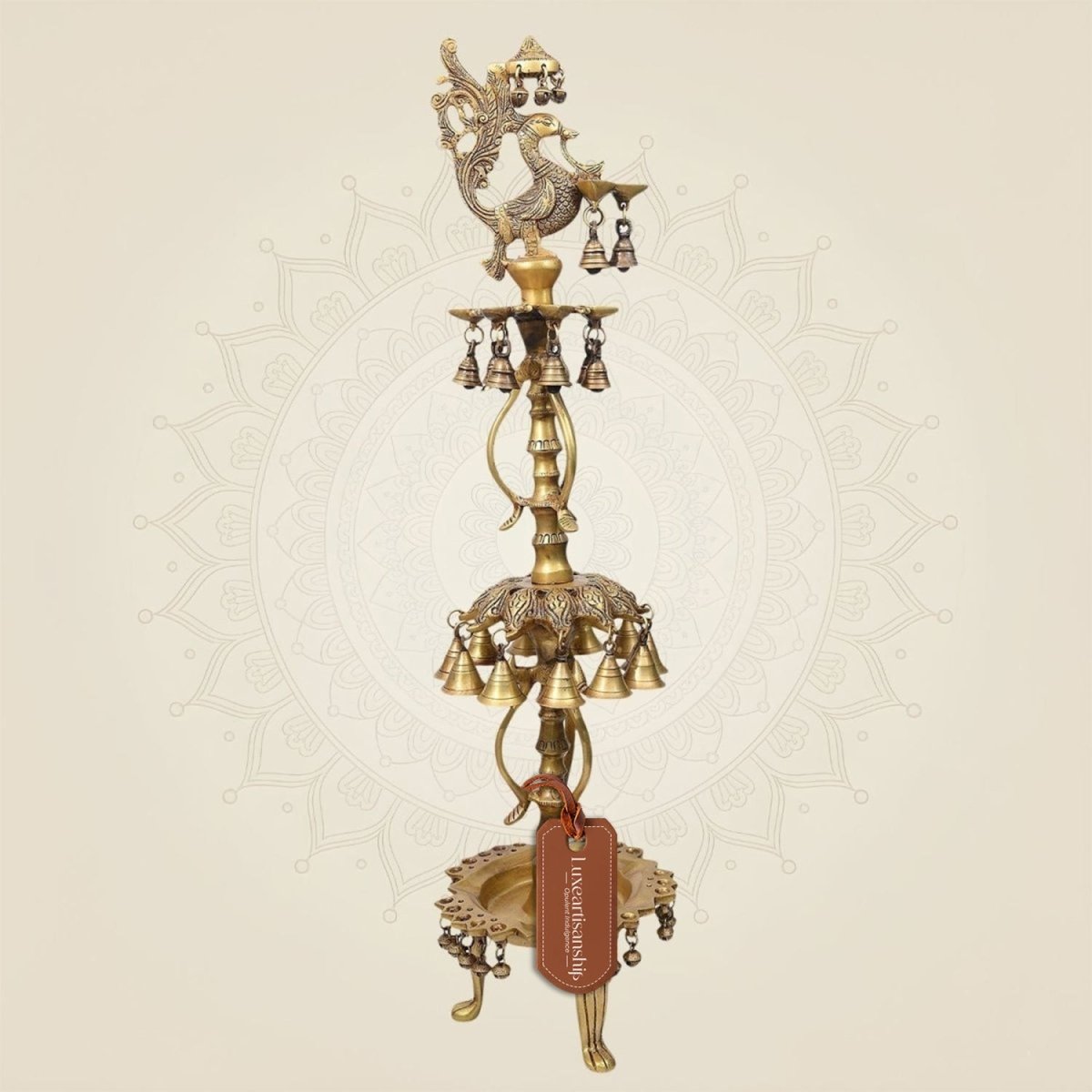Large Brass Peacock Diya with Hanging Bells & Ghungroos