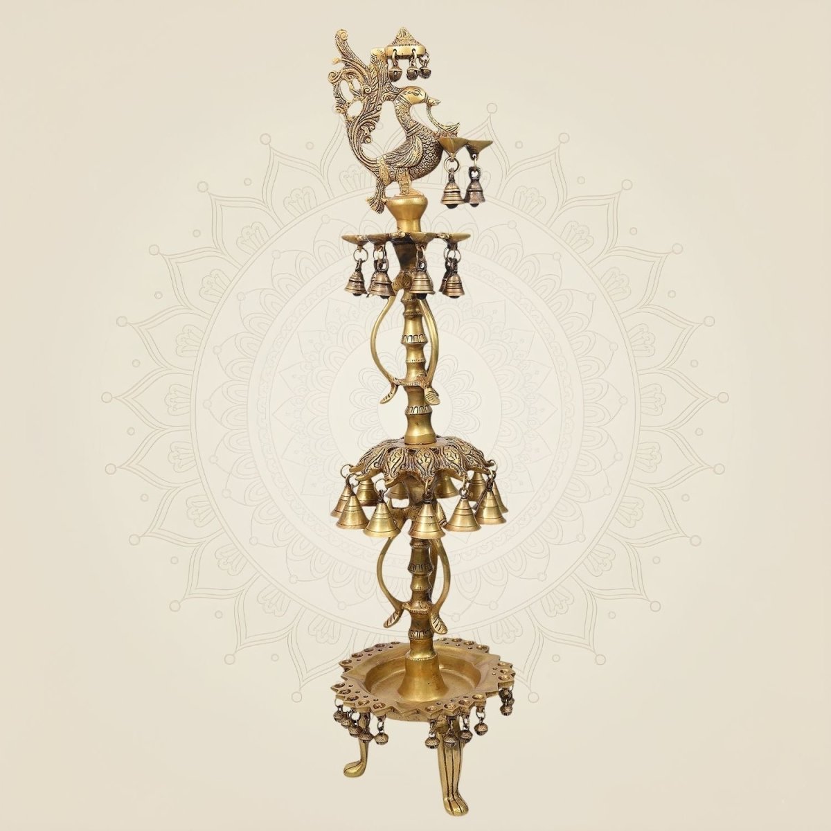 Large Brass Peacock Diya with Hanging Bells & Ghungroos