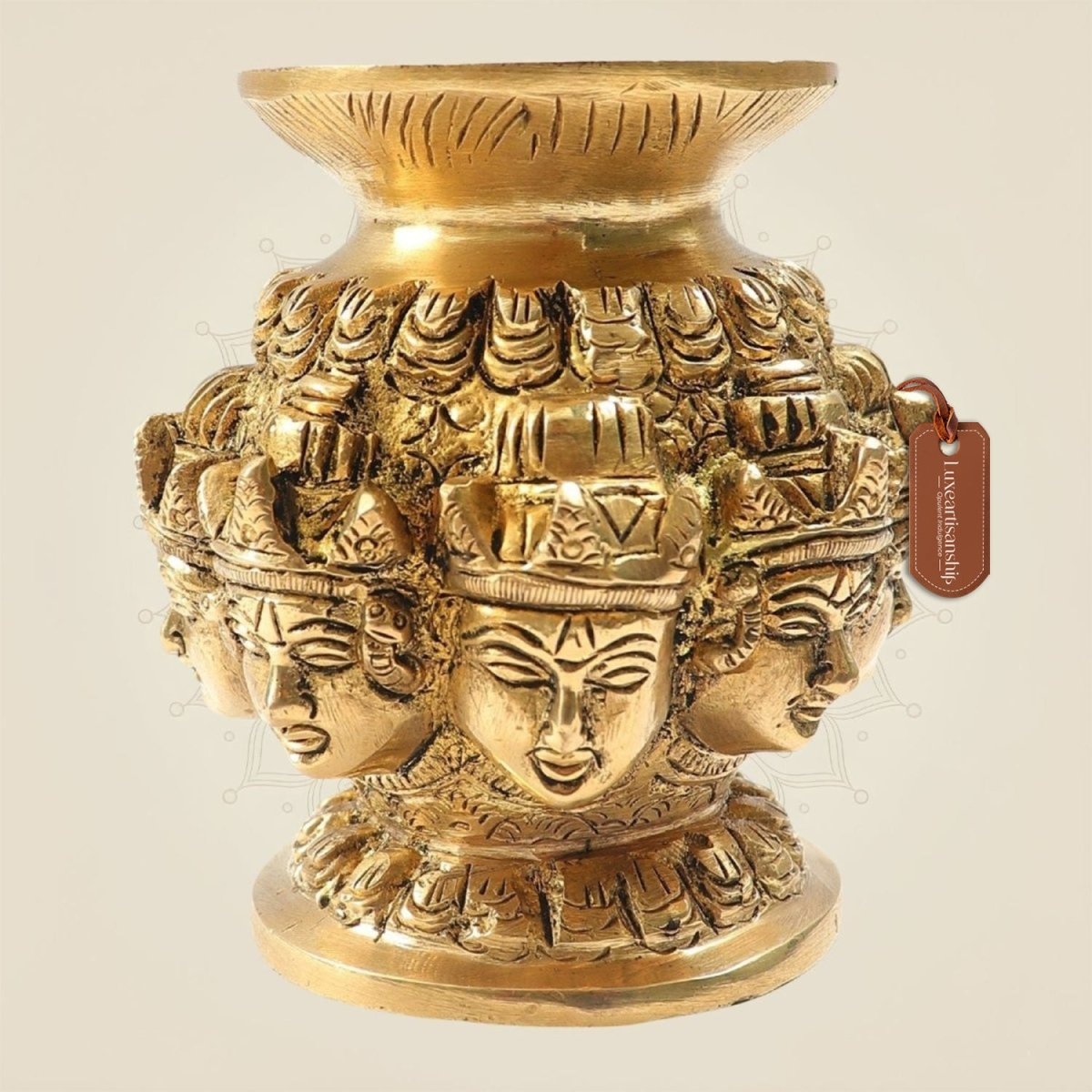 Heritage Artwork Brass Ashta Face Kalash 3.35" - Traditional Ashtalakshmi Puja Pot - Luxeartisanship