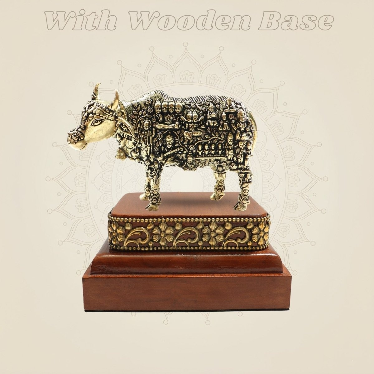 Kamadhenu Cow Brass Statue with Square Wooden Base