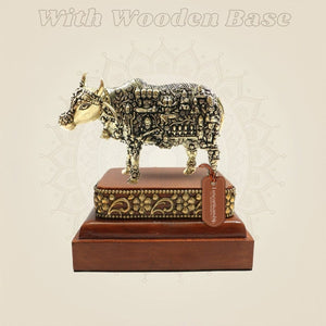 3 inch Kamadhenu Cow Brass Statue with Square Wooden Base for Vastu
