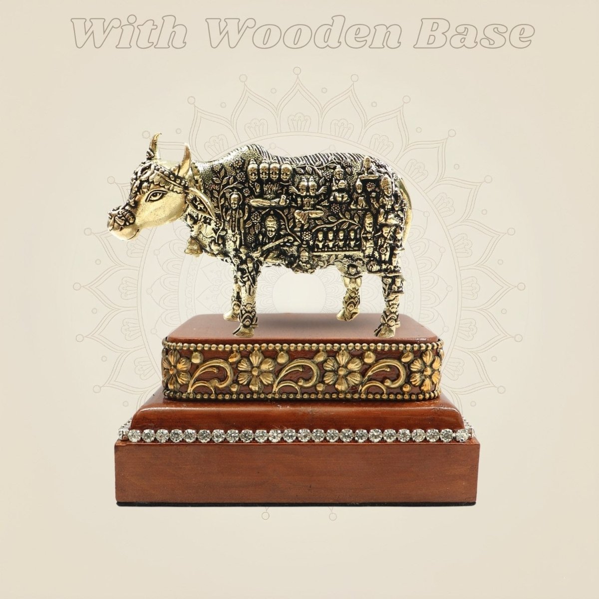 Brass Kamadhenu Cow Murti with Square Wooden Base
