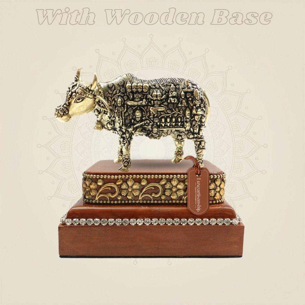 Brass Kamadhenu Cow Murti on Wooden Base for Vastu and Home Decor