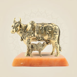Kamdhenu Cow & Calf Murti with gemstone base