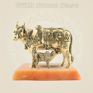 Kamdhenu Cow & Calf Murti with gemstone base