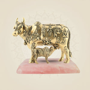 Kamdhenu Cow brass idol on stone base
