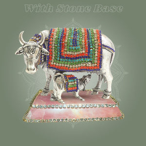 Kamdhenu Cow with Calf Idol 3.5" Silver - Plated Brass with Jewellery Stone Work - Luxeartisanship