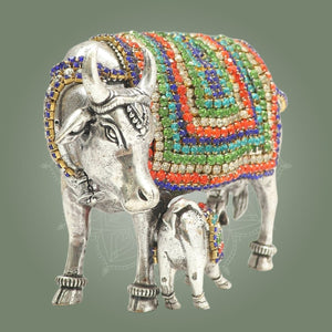 Kamdhenu Cow with Calf Idol 3.5" Silver - Plated Brass with Jewellery Stone Work - Luxeartisanship