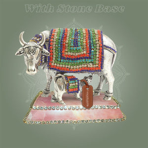 Kamdhenu Cow with Calf Idol 3.5" Silver - Plated Brass with Jewellery Stone Work - Luxeartisanship