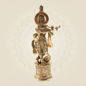 Krishna Brass Idol 15" - Flute Player Murti on Round Base Solid Brass Sculpture