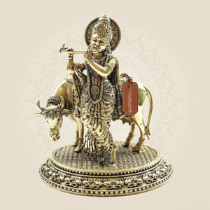 Krishna with Cow Brass Idol – Flute Playing Divine Murti - 5"
