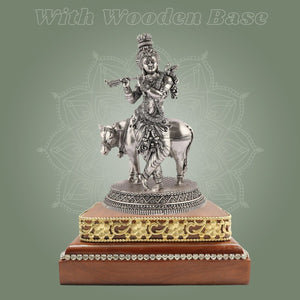 Krishna with Cow Idol 6.75" on Wooden Base Silver Finish Handcrafted - Luxeartisanship