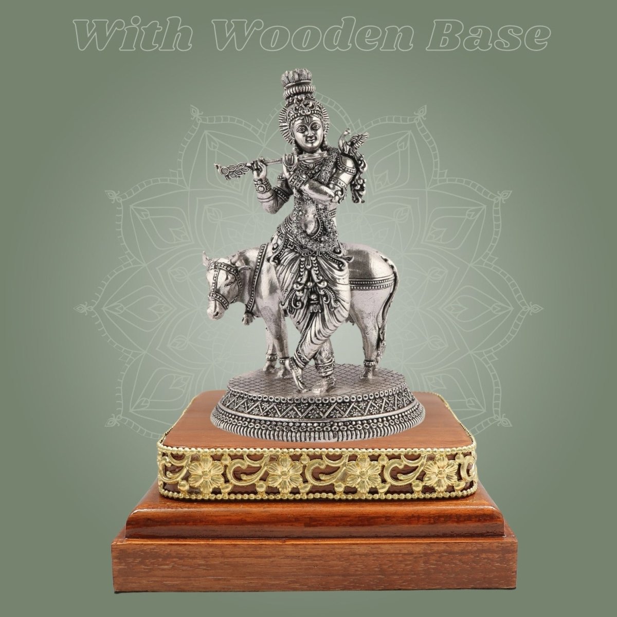 Krishna with Cow Idol 6.75" on Wooden Base Silver Finish Handcrafted - Luxeartisanship