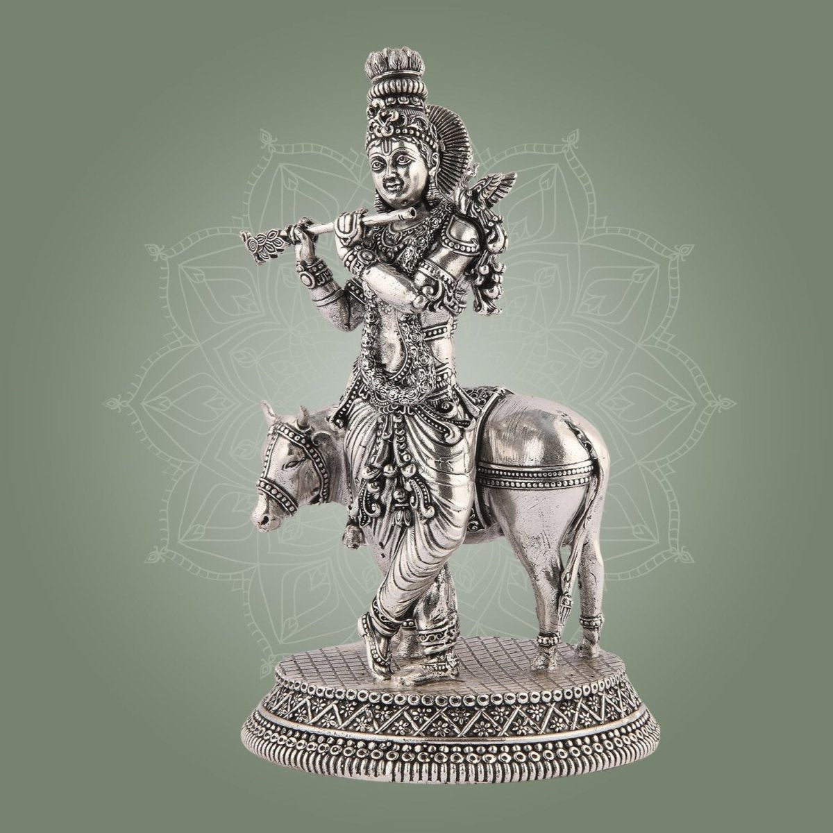 Brass Krishna Idol with Cow