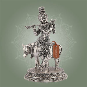 Brass Krishna Idol with Cow