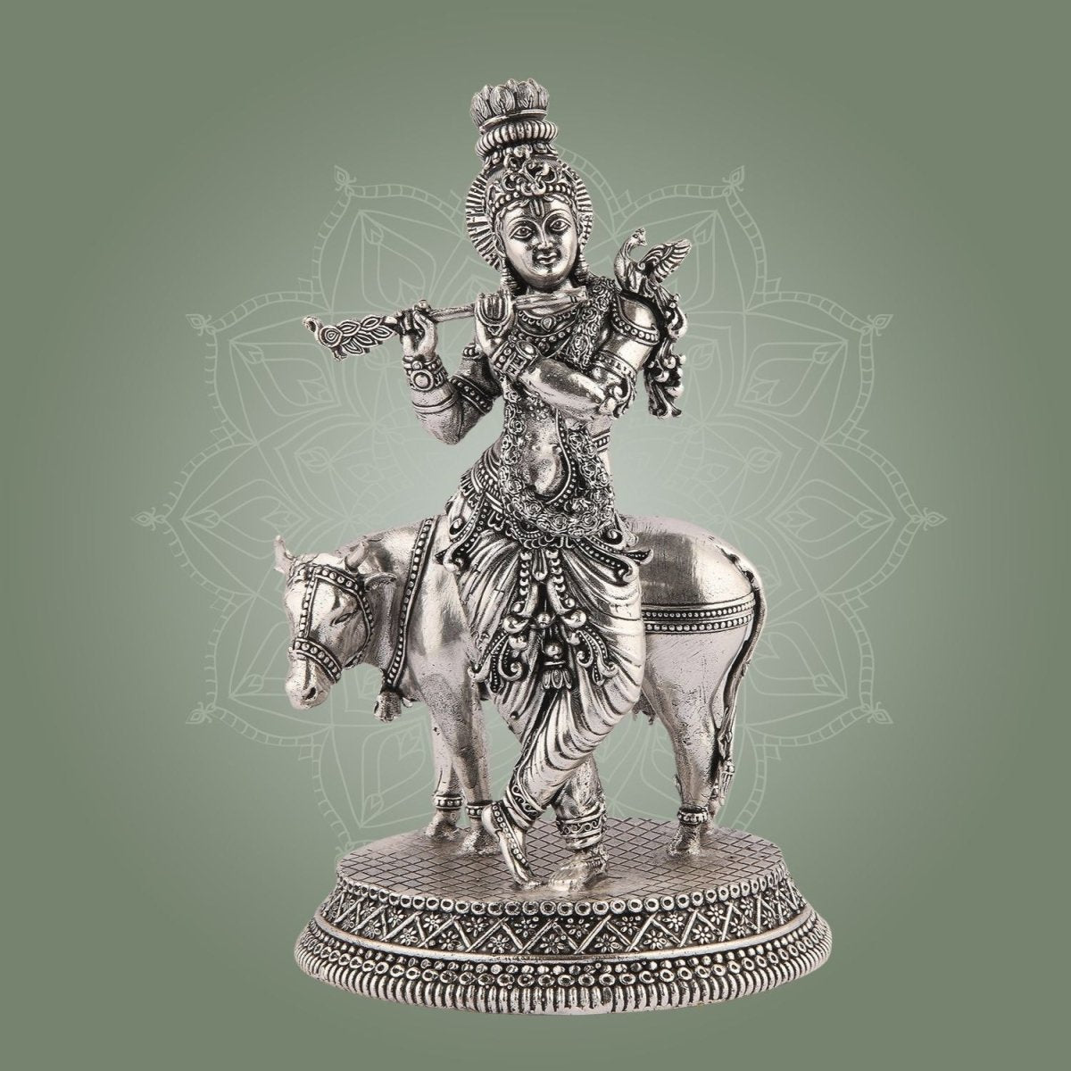 Brass Krishna Idol with Cow