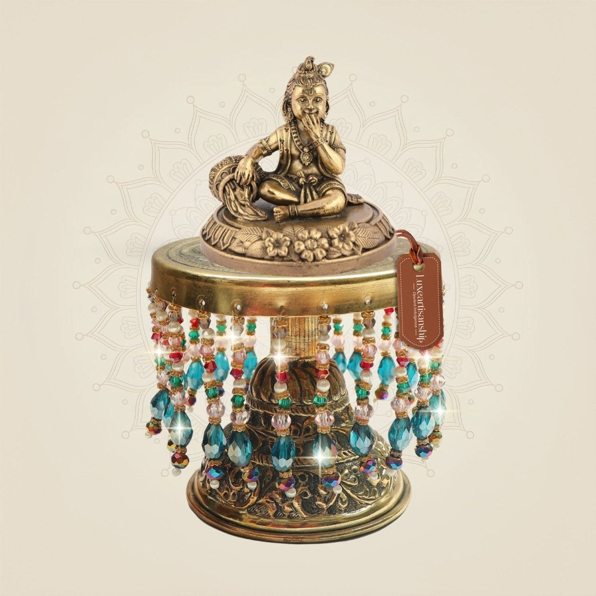Laddu Gopal Brass Murti on Chowki with Laddu Detail 6.25" - Luxeartisanship