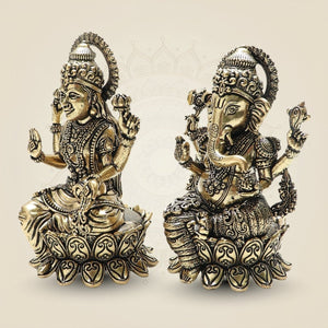 Lakshmi and Ganesha Brass Idol Set – Lotus Seated Prosperity 4" - Luxeartisanship