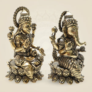 Lakshmi and Ganesha Brass Idol Set – Lotus Seated Prosperity 4" - Luxeartisanship