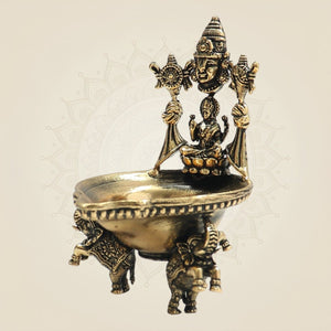 Lakshmi Balaji Brass Diya - Three Elephant Base 3.5 Auspicious Puja Lamp - Luxeartisanship