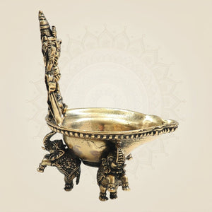 Lakshmi Balaji Brass Diya - Three Elephant Base 3.5 Auspicious Puja Lamp - Luxeartisanship