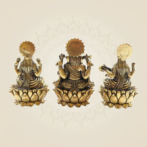 Handmade Lakshmi Ganesh Saraswati Idol on Lotus Set od 3
