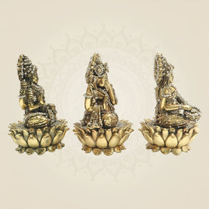 Lakshmi Ganesha Saraswati Brass Idol Set with Sparkling Stone Detail 6" - Luxeartisanship