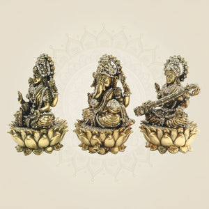 Lakshmi Ganesha Saraswati Brass Idol Set with Sparkling Stone Detail 6" - Luxeartisanship