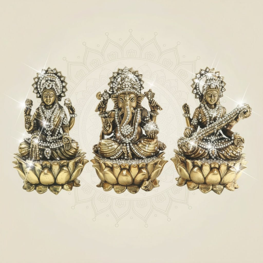 Lakshmi Ganesha Saraswati Brass Idol Set with Sparkling Stone Detail 6" - Luxeartisanship