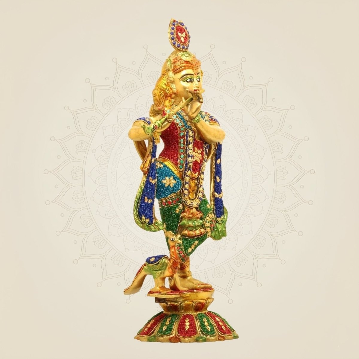 Large Brass Krishna Idol with Multicolor Stonework 18.5"– Flute Playing Murti Decor - Luxeartisanship