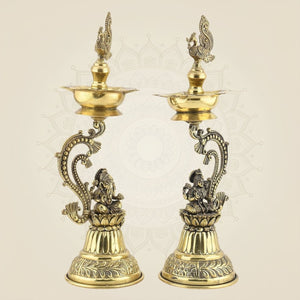 13-inch Classic Laxmi Ganesh Pure Brass Diya Stand