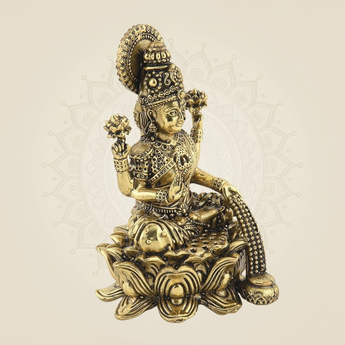Laxmi Maa on Lotus Idol - 4.25" Handcrafted Brass Wealth Statue - Luxeartisanship