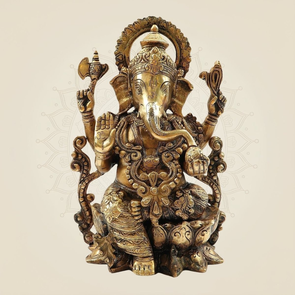 Lord Ganesh on Lotus Brass Idol – Heavy Handcrafted Ganpati Murti - 12.25" - Luxeartisanship