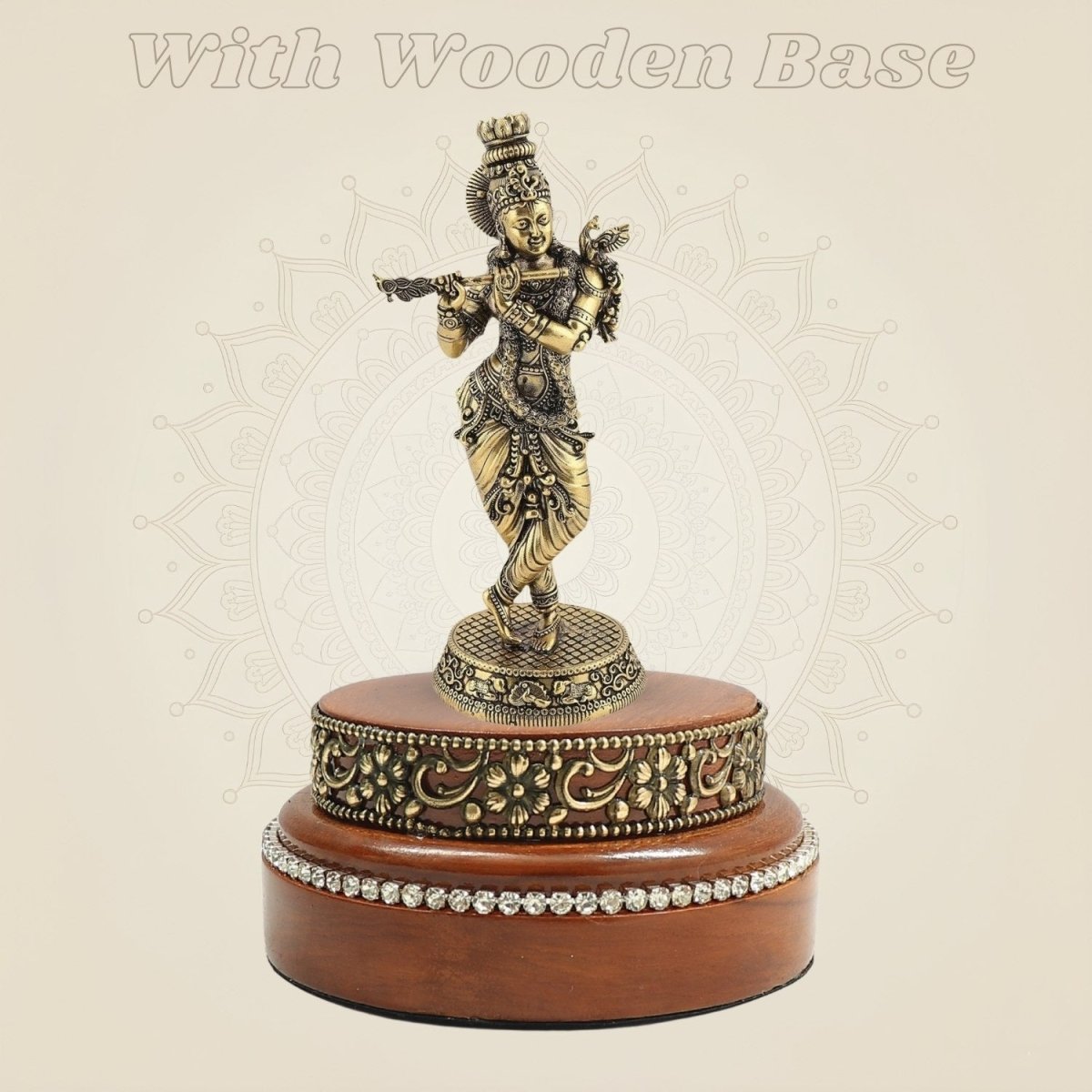 Lord Krishna Brass Idol 6" Cast in Brass with Round Wooden Base - Luxeartisanship