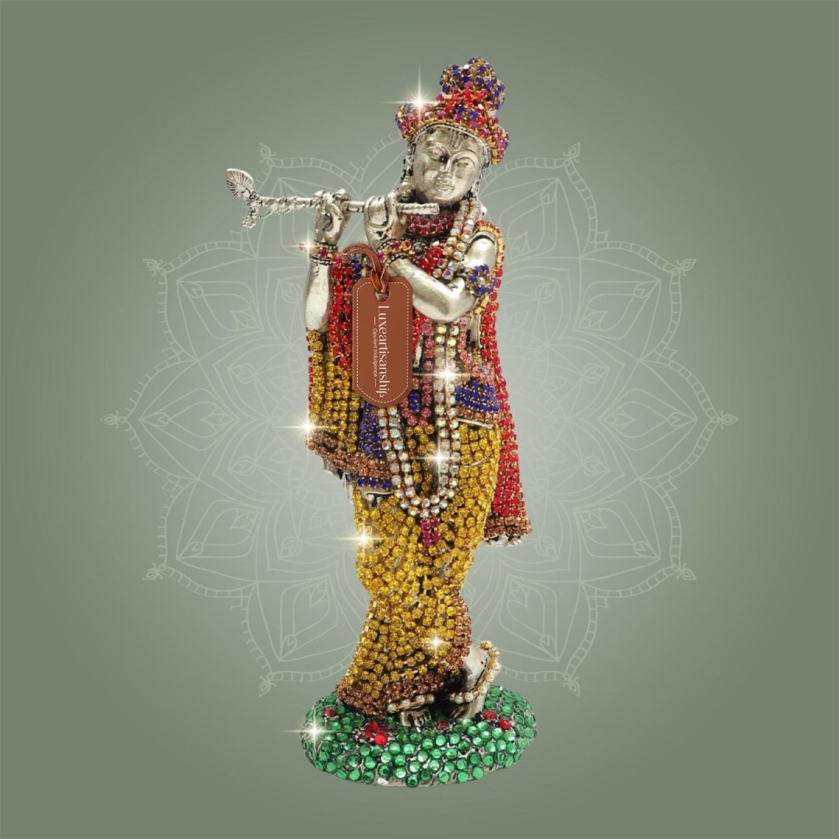 Lord Krishna Brass Idol 6" Jewellery Stone Work - Decorative Home Decor - Luxeartisanship