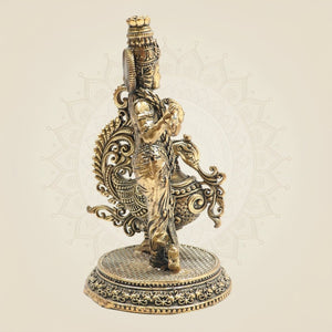 Lord Krishna Brass Idol with Peacock for Home Temple 5" - Luxeartisanship