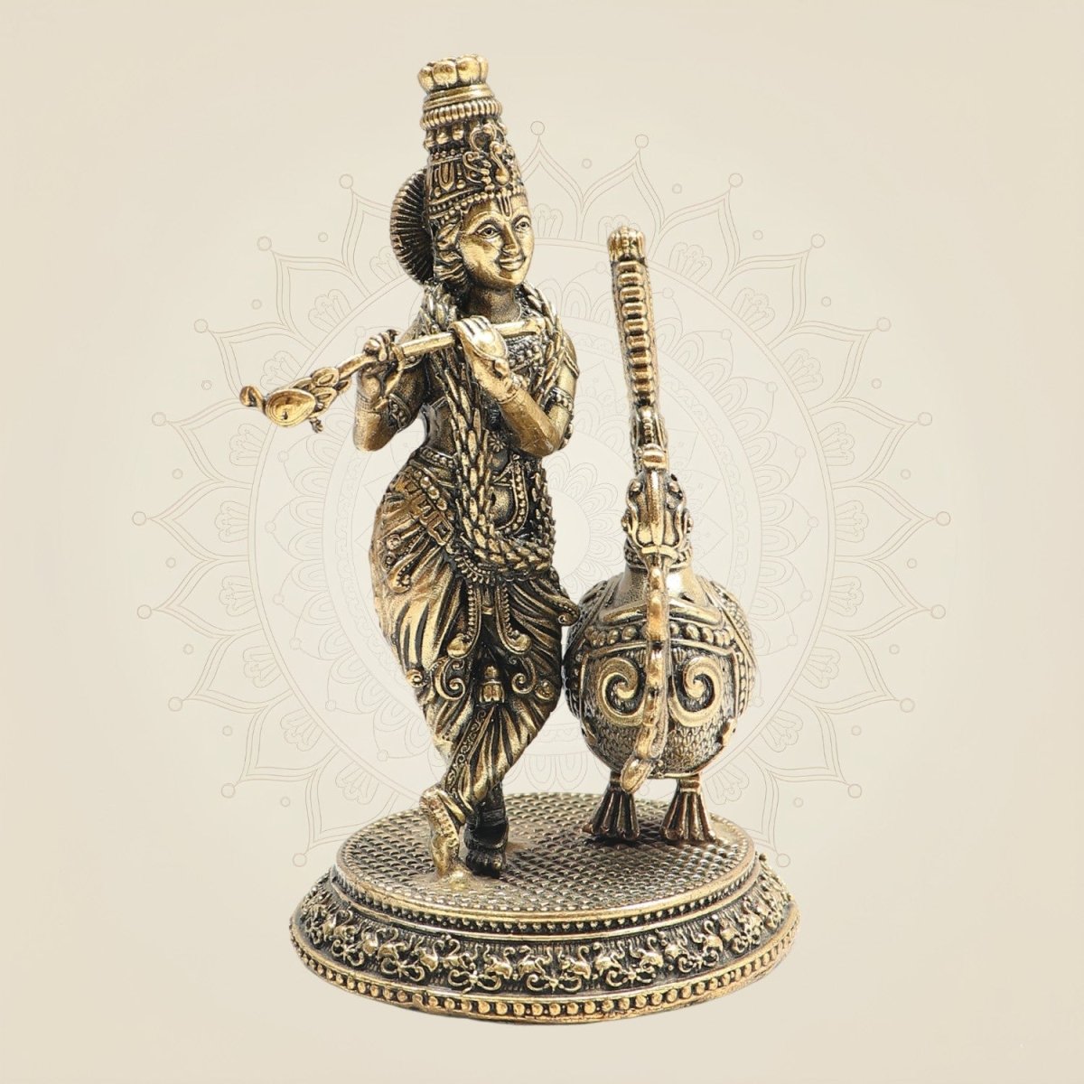 Lord Krishna Brass Idol with Peacock for Home Temple 5" - Luxeartisanship