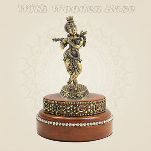 Brass Krishna Idol on a Wooden Base