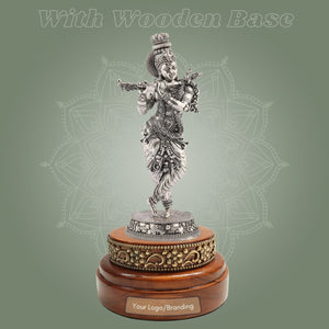 Lord Krishna Idol on Round Wood Base – 7.5" Silver Finish Handcrafted Pure Brass - Luxeartisanship