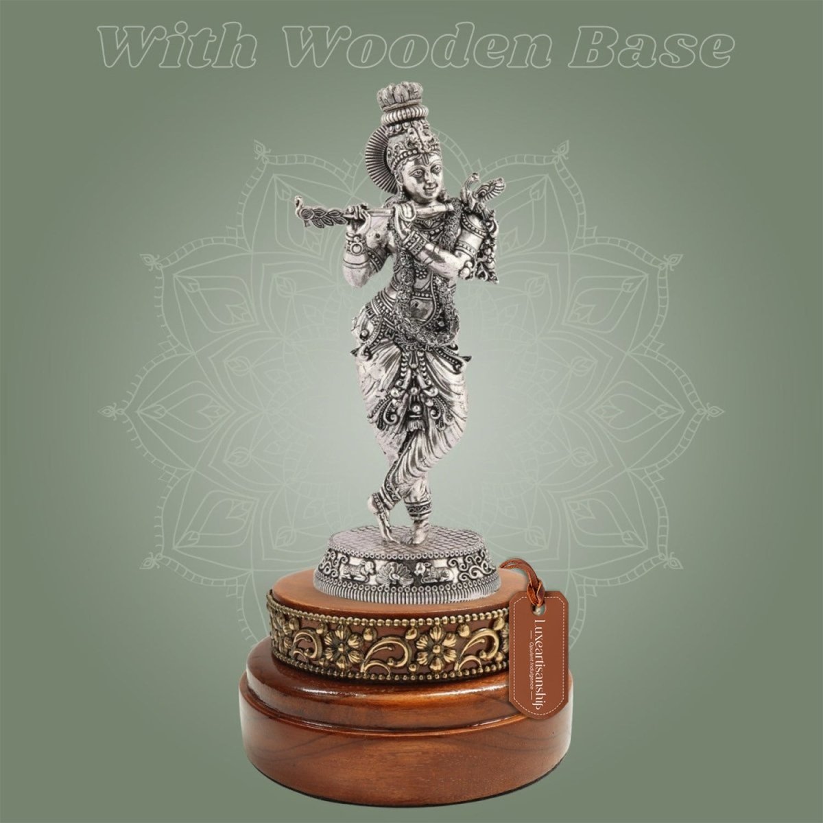 7.5 inch Lord Krishna Pure Brass Idol with Silver Finish on Round Wood Base