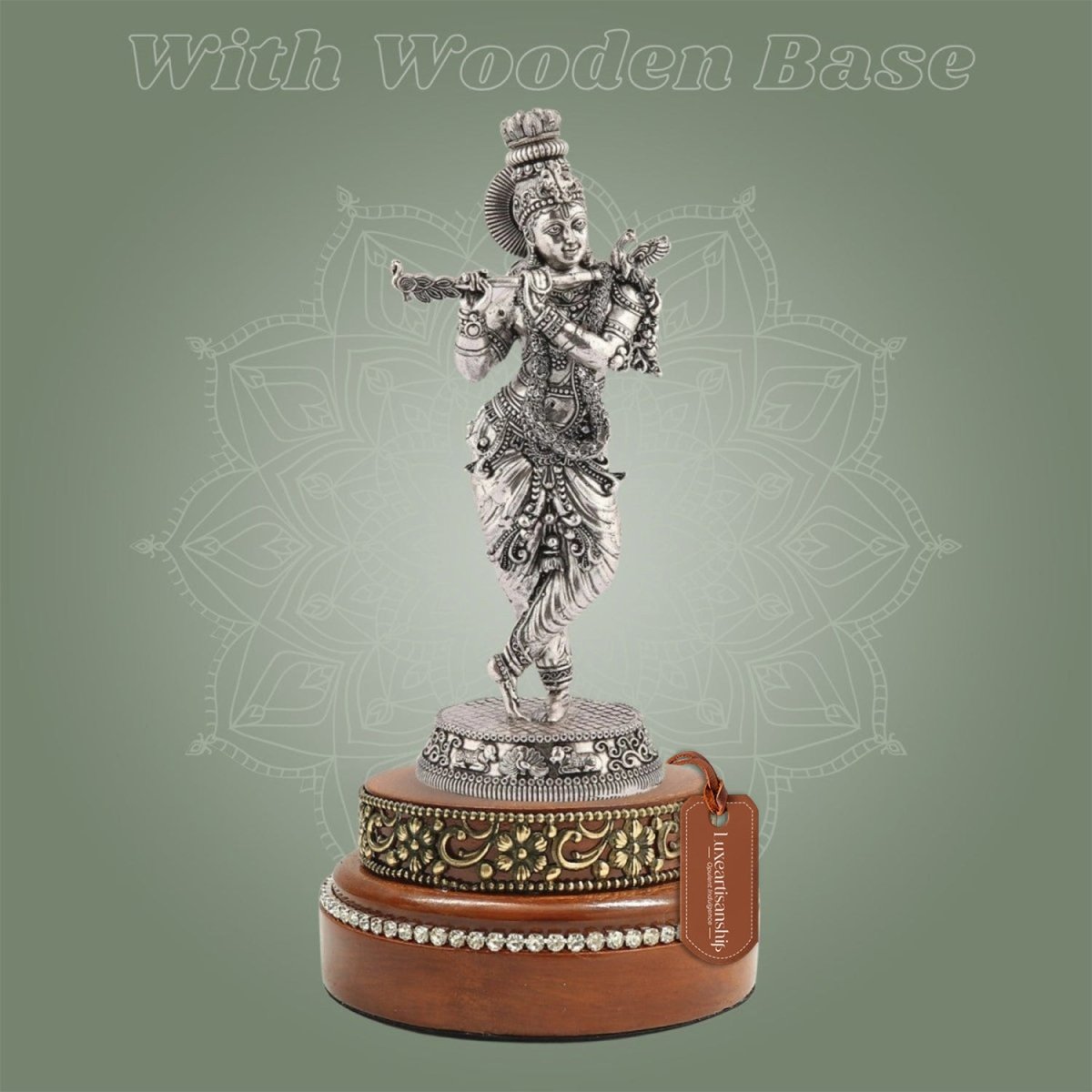 Silver Finish Brass Krishna Murti on Round Wooden Base for Home Decor