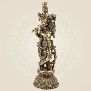 Lord Krishna Playing Flute Idol - 10.75 Pure Brass Handcrafted Lightweight Statue - Luxeartisanship