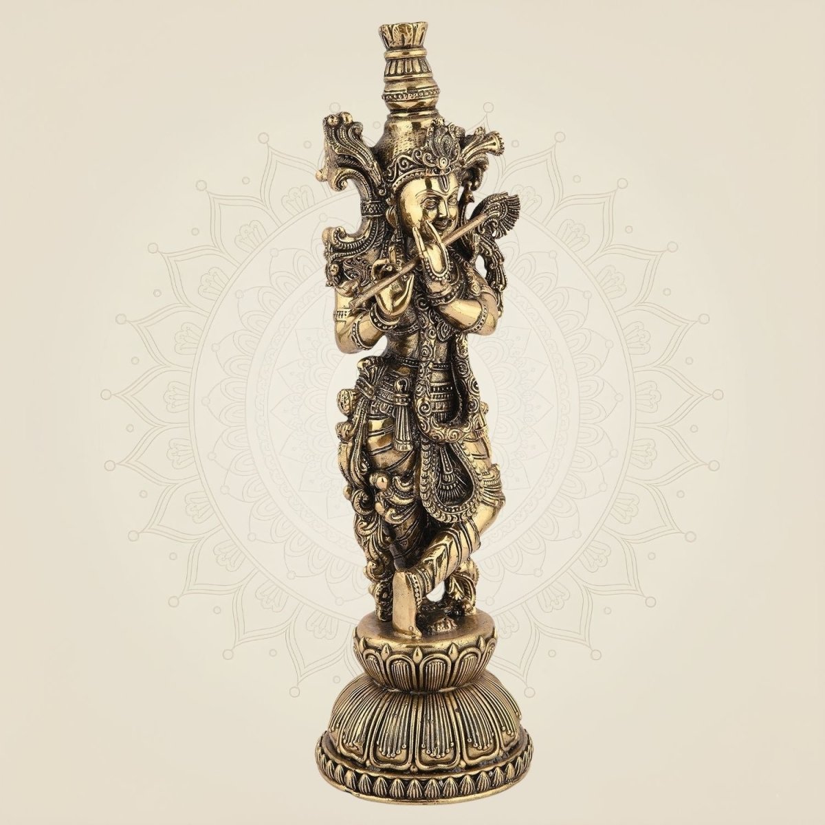 Lord Krishna Playing Flute Idol - 10.75 Pure Brass Handcrafted Lightweight Statue - Luxeartisanship