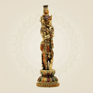 Lord Krishna Playing Flute Idol - 10.75 Pure Brass Handcrafted Lightweight Statue - Luxeartisanship