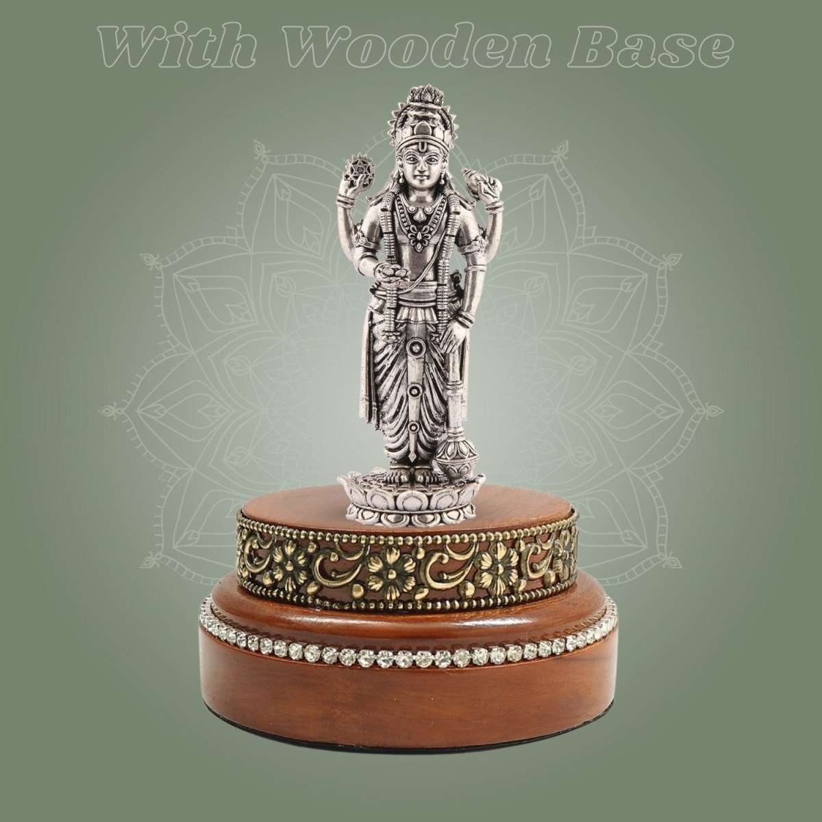 Lord Vishnu Idol 5.75" in Silver - Plated Brass with Hand - Finished Round Wood Base - Luxeartisanship