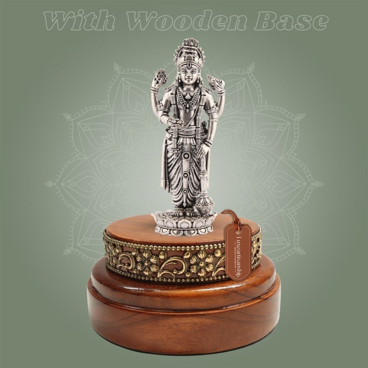 5.75 inch Silver Plated Brass Lord Vishnu Idol with Round Wooden Base