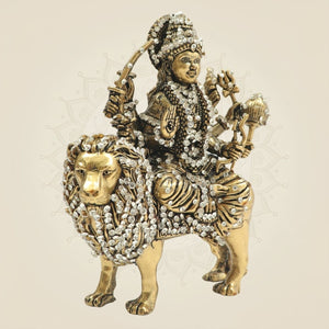 Maa Durga Brass Idol 6" Seated on Lion with Jewellery Stone Accents - Luxeartisanship