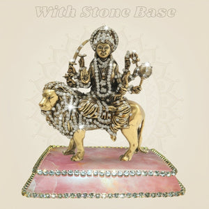 Maa Durga Brass Idol 6" Seated on Lion with Jewellery Stone Accents - Luxeartisanship